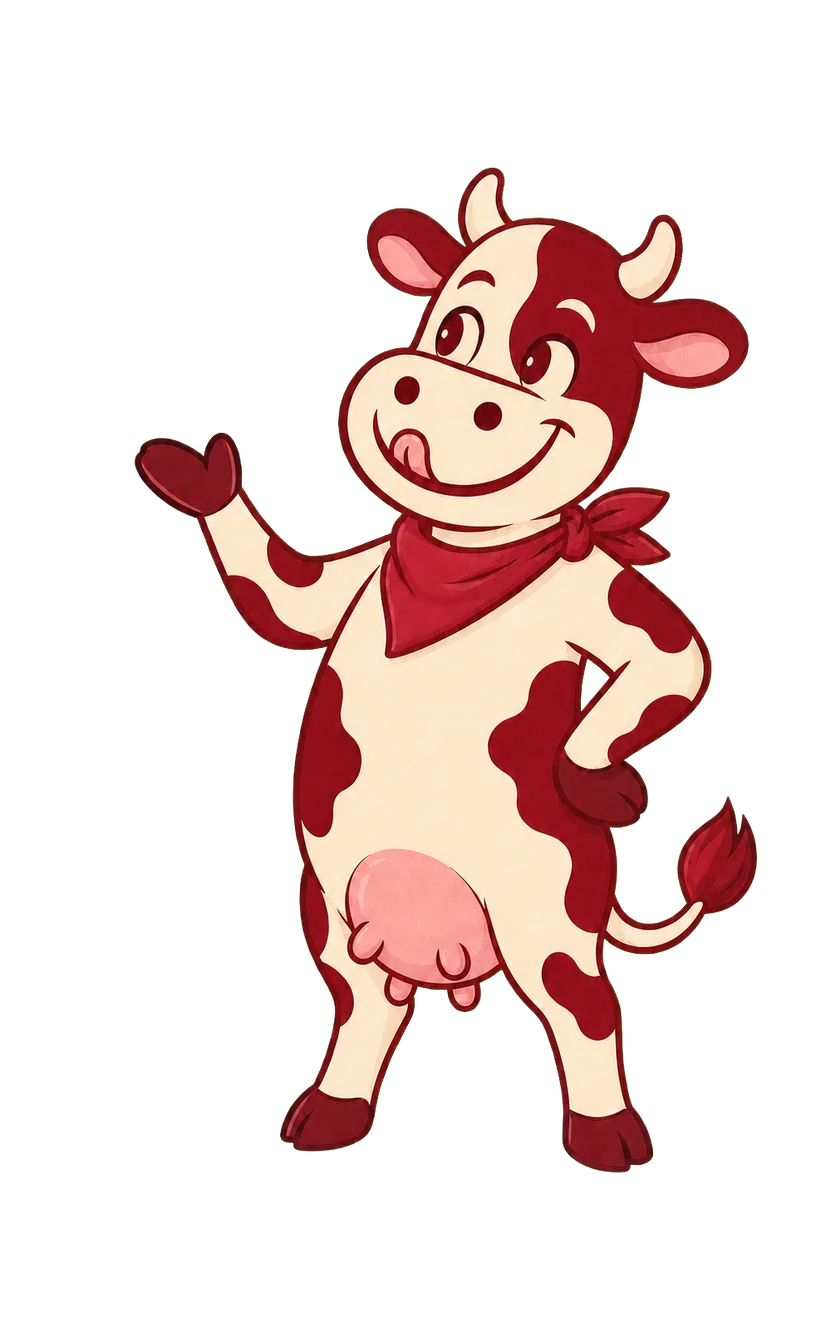 Moolicious, the official illustrated Udderly Delicious cow mascot, waving