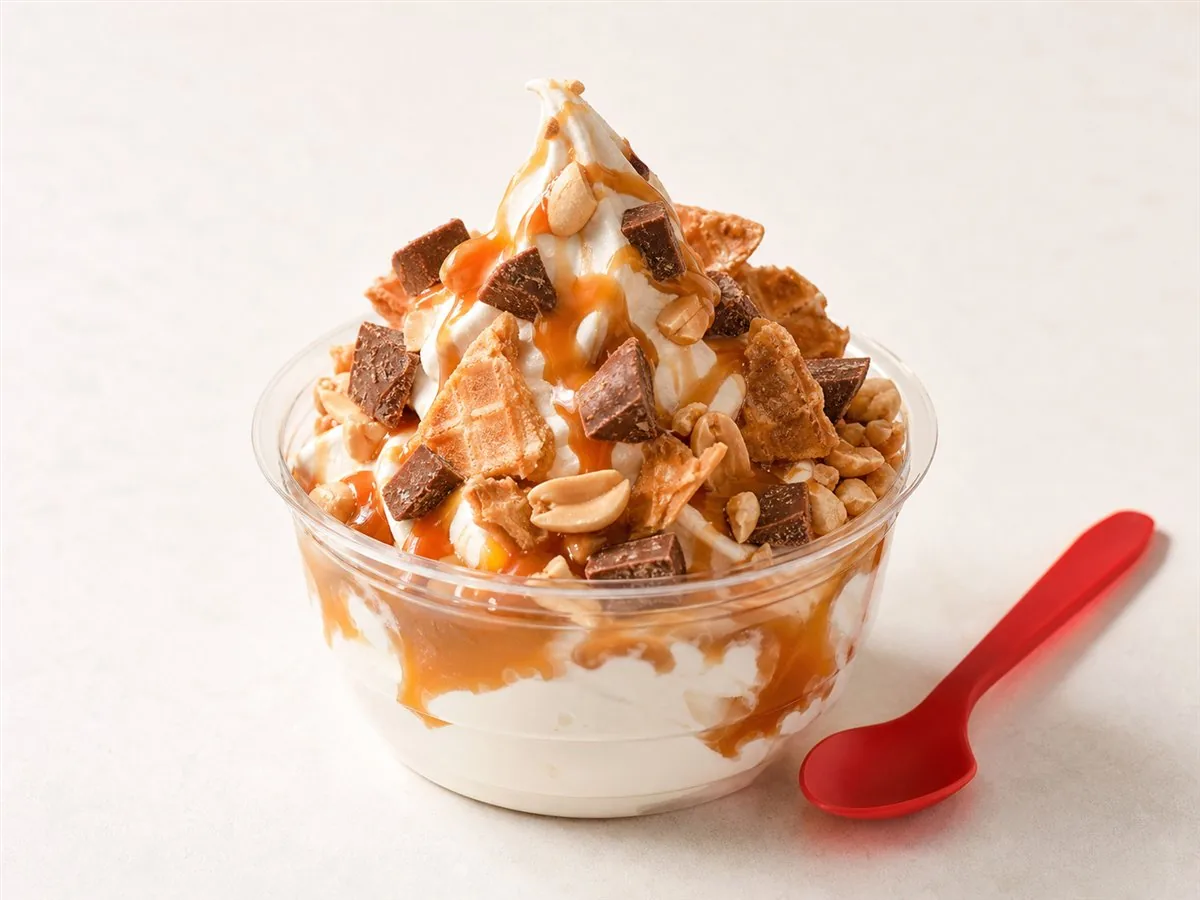 Udderly Drumstick concrete with chocolate, peanuts, waffle cone pieces and caramel